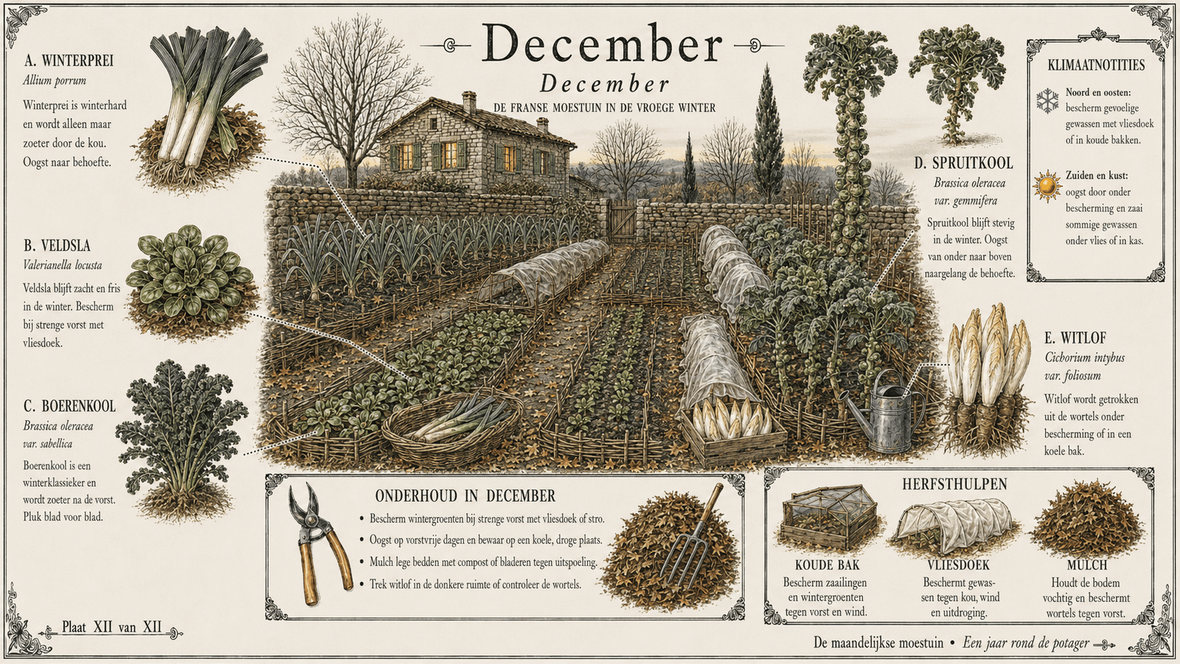 December in de Franse moestuin — botanische plaat met spruitkool, witlof, prei, citroen en truffel rond de kerstperiode