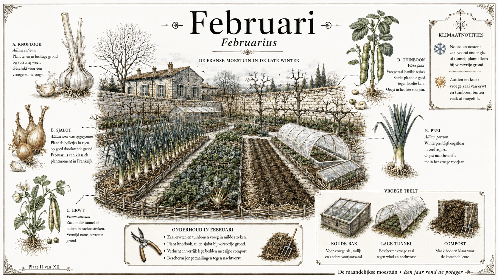 Februari in de Franse moestuin — botanische plaat met witlof, prei, knolselderij, mimosa en sneeuwklokjes in de late winter