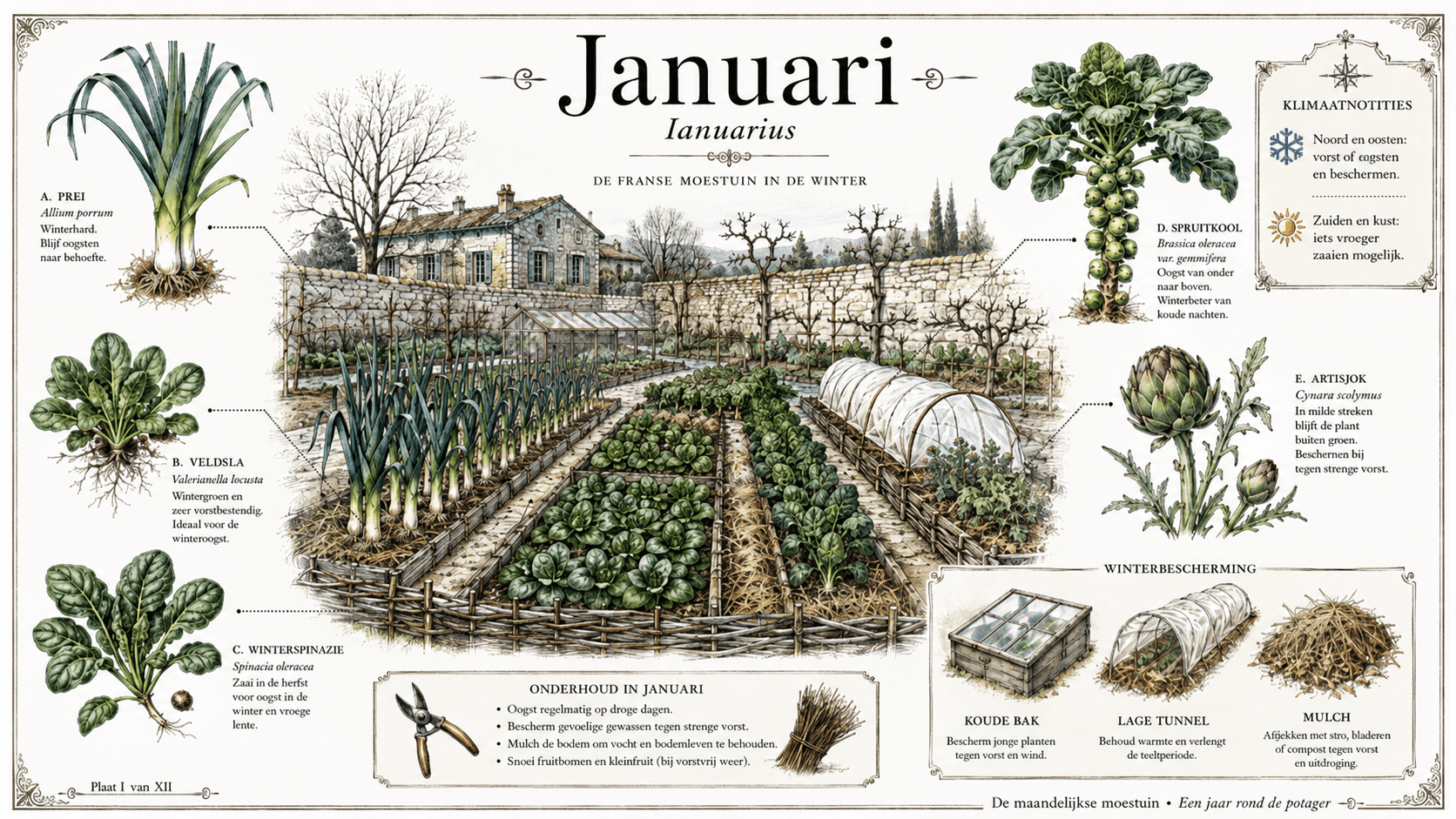 Januari in de Franse moestuin — botanische plaat met witlof, prei, spruitkool, schorseneren en topinambour in de winter
