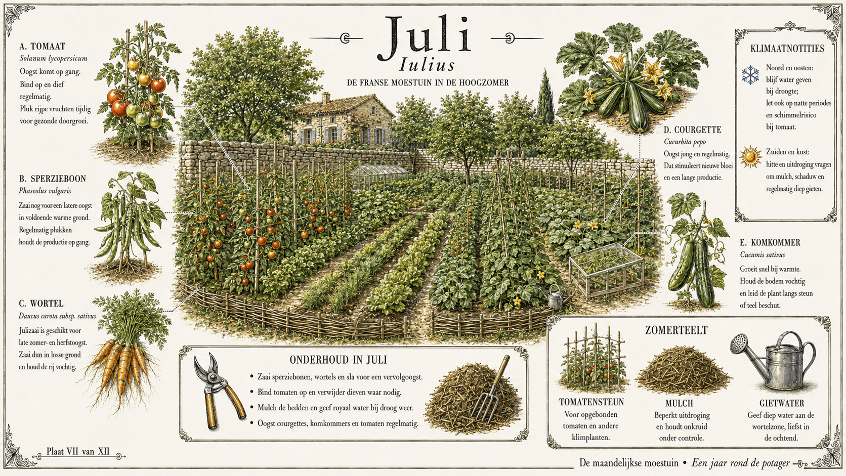 Juli in de Franse moestuin — botanische plaat met tomaat, sperzieboon, wortel, courgette en komkommer in de hoogzomer