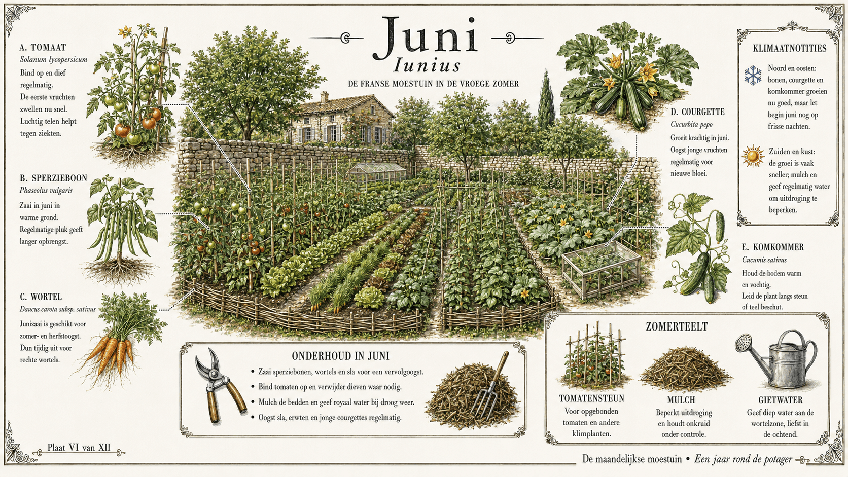 Juni in de Franse moestuin — botanische plaat met tomaat, sperzieboon, wortel, courgette en komkommer in de vroege zomer