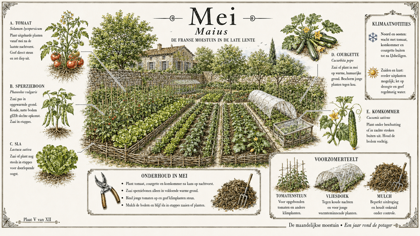 Mei in de Franse moestuin — botanische plaat met asperge, aardbei, doperwt, lelietjes-van-dalen en eerste tomaten in de volle voorjaar