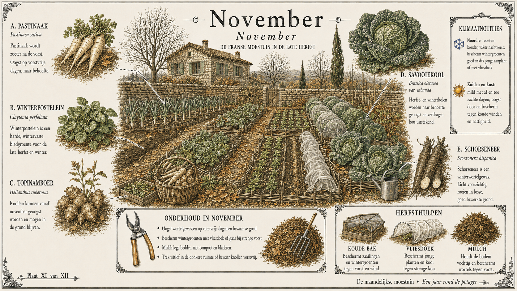 November in de Franse moestuin — botanische plaat met prei, knolselderij, witte kool, schorseneren en spruitkool in de late herfst