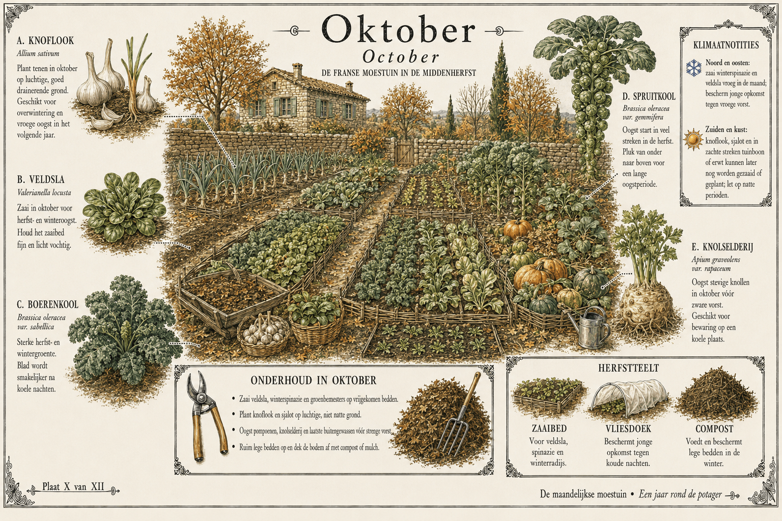 Oktober in de Franse moestuin — botanische plaat met pompoen, kastanje, cèpe, walnoot en boerenkool in de volle herfst
